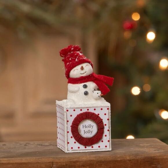 Bethany Lowe Holly Jolly Snowgirl on Block Winter Christmas Snowman Figurine NEW - Picture 1 of 7